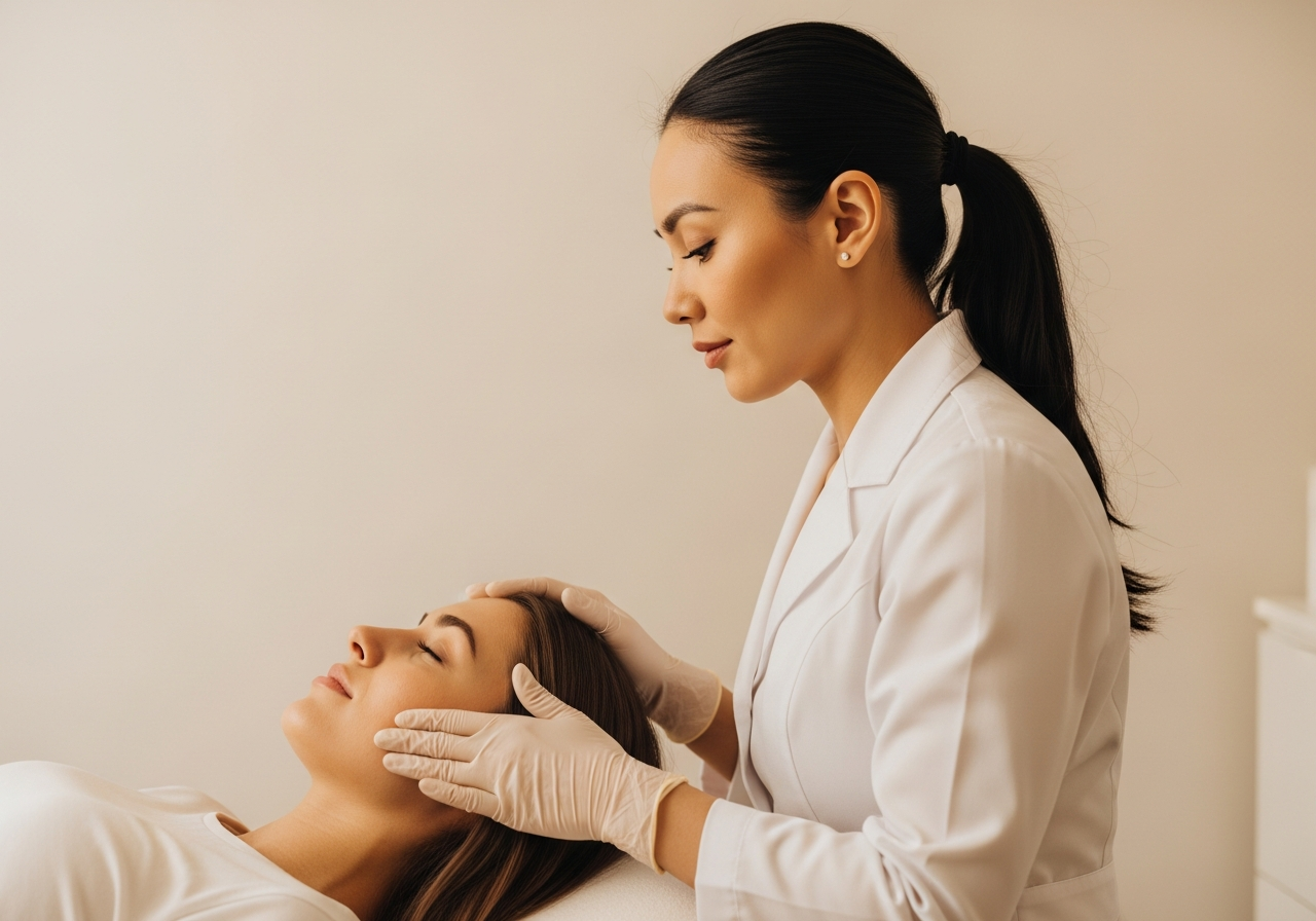Médica realizando tratamento estético em clínica